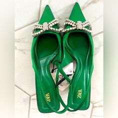 Zara Hunter Green Along Back Heels With Rhinestone Bow Embellishment Sold Out! Hard To Find New With Tags Attached Size 38 Questions? Leave A Comment Below! Elegant Green Slingback Pumps For Party, Elegant Embellished Green Sandals, Elegant Green Embellished Sandals, Zara Embellished Pointed Toe Heels, Elegant Green Sandals With Rhinestones, Embellished High Heel Slingback Pumps For Spring, Chic Embellished Slingback Pumps For Summer, Embellished Ankle Strap Slingback Pumps For Summer, Spring Slingback Pumps With Rhinestones And Ankle Strap