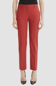 $740 Theory Women's Red High Rise Crop Slim Fit Leg Wool Trousers Pants Size 2 Description If between sizes, order one size up. Unique sizing; use size chart. High rise. DETAILS & CARE A slim cut and stretch wool come together in a pair of office-ready pants that keep you looking nice and neat. 30" inseam; 14" leg opening; 10" front rise; 14 1/2" back rise (size 8) Zip fly with hook-and-bar closure Front slant pockets; back welt pocket 96% virgin wool, 4% elastane Dry clean Imported About Us Classic Tailored Red Bottoms, Tailored Classic Red Bottoms, Classic Tailored Red Pants, Tailored Classic Red Pants, Classic Red Bottoms With Welt Pockets, Red Straight Pants For Office, Red Straight Dress Pants For The Office, Red Straight Dress Pants For Work, Red Straight Dress Pants For Office