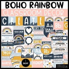 a poster with the words boho rainbow in black and white, on an orange background