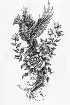 a black and white drawing of a bird with flowers