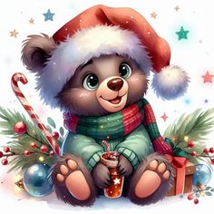 a teddy bear wearing a santa hat and scarf holding a drink in its paws while sitting next to christmas decorations