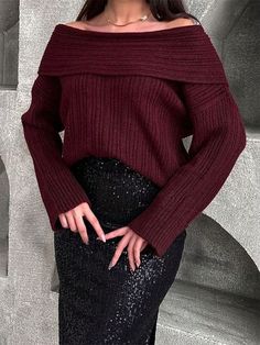 Women's Solid Color Off Shoulder Casual Pullover Winter Christmas Sweater Burgundy Casual  Extra-Long Sleeve Knitwear Plain Pullovers High Stretch  Women Clothing, size features are:Bust: ,Length: ,Sleeve Length: Socialite Style, Tailgate Outfit, Loose Clothing, Clothing Fabric, 2024 Color, Winter Pullover, Acrylic Fiber, Sweater Women's, Bell Sleeve Sweater