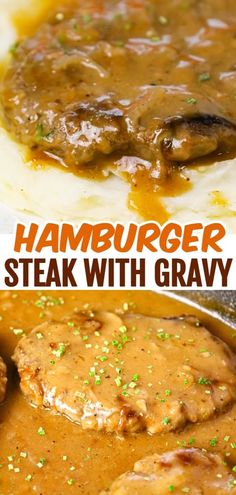 hamburger steak with gravy in a white bowl