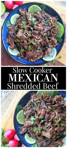 slow cooker mexican shredded beef on a blue plate with limes and cilantro