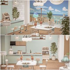 two pictures of a dining room and kitchen