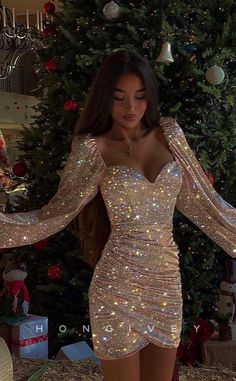 Look stunning at your next Homecoming celebration in this gorgeous H1607 - Sparkly Fully Sequined Bell Sleeved Party Dress. Made of sparkling sequins, this dress features bell sleeve detailing for a fun, flirty look. Show off your style and make a bold statement in this one-of-a-kind dress. Classy Prom, Hoco Dresses Tight, Champagne Rose, Cute Homecoming Dresses, Classy Prom Dresses