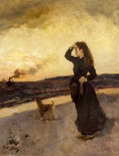 a painting of a woman and her dog on the beach at sunset, looking out to sea