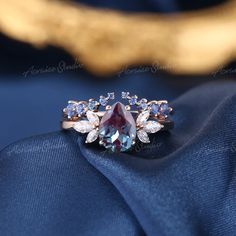 Unique Alexandrite Engagement Ring Set Women Rose Gold Pear Shaped Vintage Alexandrite Ring Wedding Promise Rings Blue Sapphire Band - Etsy Spinel Wedding Ring, Unique Sapphire Wedding Rings, Pear Alexandrite Engagement Ring, Alexandrite Engagement Ring Set, Alexandrite Engagement Ring Vintage, Alexandrite Engagement Ring Silver, Promise Rings Blue, Untraditional Wedding Rings, Magical Engagement Rings