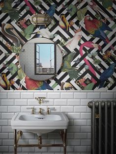 a bathroom sink sitting under a mirror next to a wall mounted radiator with birds on it