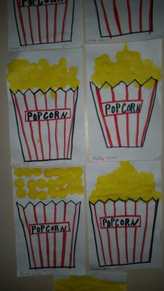 four pieces of paper with popcorn drawn on them