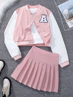 Long Sleeve Patchwork Sets For Spring, School Uniform Sets With Long Sleeves, Cotton School Sets For Fall, School Cotton Patchwork Outerwear, Casual Pink Patchwork Skirt, White Long Sleeve Patchwork Sets, School Patchwork Cotton Outerwear, Patchwork Cotton Outerwear For School, Cute Patchwork Sets For Spring