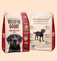 two bags of dog food sitting next to each other on a pink and beige background