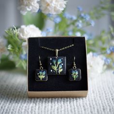 Enchanting Embroidered Blue Rose Jewelry Set Antique Bronze Square Pendant Necklace and Earrings Mother's Day Gift - Etsy Simple Gifts