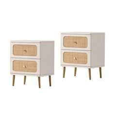 two white nightstands with rattan drawers and wooden legs, both side by side