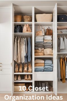 an organized closet with lots of clothes and handbags