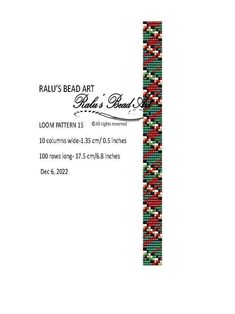 the bead art bracelet pattern is shown in red, green and blue colors with an arrow