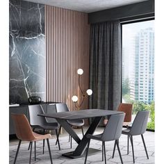 a modern dining room with marble walls and flooring