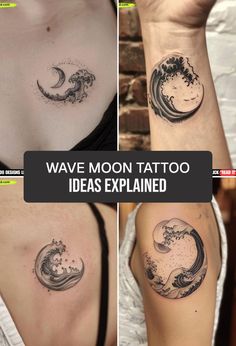 three different images of the same tattoo on each side of their arm and chest, with waves coming out of them