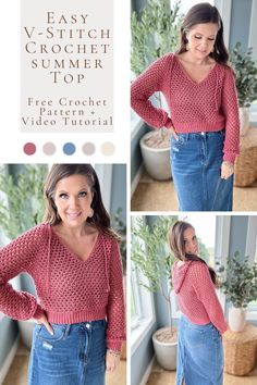 the easy v - neck crochet summer top is shown in three different pictures