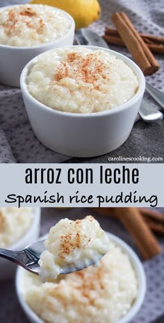 two bowls filled with rice and topped with cinnamon