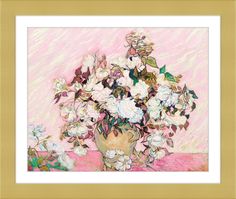 a painting of flowers in a vase on a pink tablecloth with gold trim around the edges