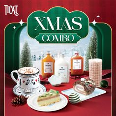 an advertisement for the x - mas combo is displayed on a red table with white plates and cups