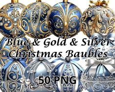 blue and gold silver christmas baubles with bows on the top, 50 png