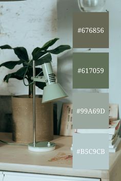 A cozy desk scene featuring a mint green desk lamp, a potted plant, and a stack of books, showcasing a calming and inviting mint green color palette reminiscent of a digital color scheme generator.