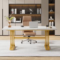 a desk with a laptop on it in front of a bookshelf