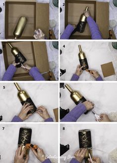 how to open a wine bottle with corks and gold foil on the top, then put it in a gift box