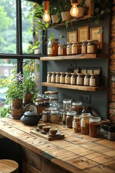 a wooden table topped with lots of jars