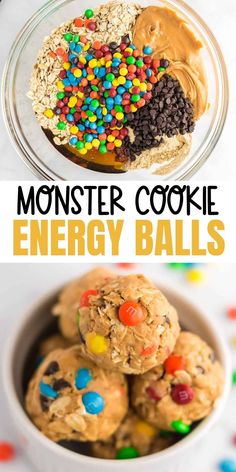 monster cookie energy balls in a bowl with text overlay