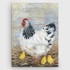 a painting of a chicken and her chicks