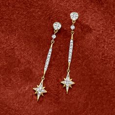 Ross-Simons - .20 ct. t. w. Diamond Star Drop Earrings in 14kt Yellow Gold. RS Pure. Modern designs that complete your outfit and complement your personality. You'll look stellar in these earrings! This chic celestial pair twinkles with .20 ct. t. w. diamonds in 14kt yellow gold. Hanging length is 1 1/8". Post/clutch, diamond star drop earrings. Diamond birthstones are the perfect gift for April birthdays. Drop Earrings Diamond, Star Drop Earrings, Diamond Star Necklace, Star Necklace Gold, Diamond Birthstone, Star Pendant Necklace, Yellow Gold Jewelry, Earrings Diamond, Natural Gold