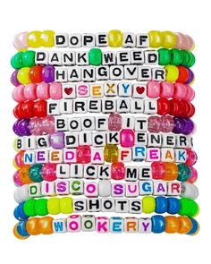 "Party Hard" 12pc Pre-Made Kandi Bracelets – Rave Wonderland Kandi Phrases, Kandi Bracelets Rave, Scene Bracelets, Rave Wonderland, Kandi Inspiration, Rave Bracelets, Rave Aesthetic, Diy Kandi Bracelets, Diy Kandi