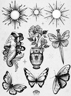 the sun, flowers and butterflies are drawn in black ink