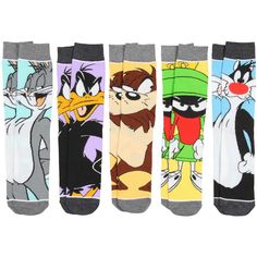 Looney Tunes crew socks guaranteed! Saturday morning cartoons were all the rave back in the day. We enjoyed characters like Bugs Bunny, Daffy Duck, Tazmanian Devil, Marvin the Martian, Sylvester the cat, and many many more! These crew socks can be mix and matched if you dare to be bold. 5 pairs made of stretchy 96% polyesters, 2% spandex and 2% other fiber. Fun Multicolor Character Print Socks, Casual Multicolor Character Print Socks, Casual Multicolor Cartoon Print Socks, Character Faces, New Looney Tunes, Tazmanian Devil, Sylvester The Cat, Looney Tunes Characters, Marvin The Martian