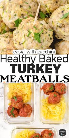 healthy baked turkey meatballs in plastic containers with text overlay