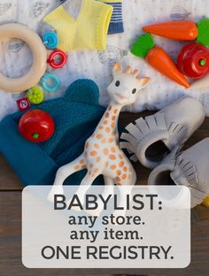 baby items are displayed on a table with the words, babylist any store any item one register