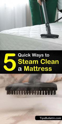 a person using a steam mop to clean a mattress with the words 5 quick ways to steam clean a mattress