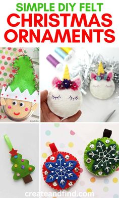 Collage of DIY felt Christmas ornaments for kids to make, homemade ornaments for adults, handmade ornaments to sell, for gifts, Cricut ornaments, rustic ornaments, and more.