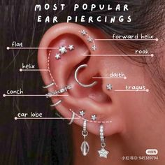 an ear piercing diagram with stars and crescents attached to the side of the ear