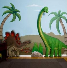 a dinosaur mural in a child's bedroom with palm trees