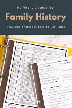 a binder with the title it's time to organize your family history beautiful, shareable, easy - to - use pages