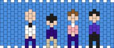 four pixellated people standing next to each other on a blue background with black and white squares