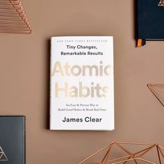 a book sitting on top of a table next to some bookshelves and other items