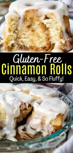 gluten - free cinnamon rolls with icing in a glass bowl on a table