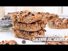 chocolate chip oatmeal bars stacked on top of each other with the words, chocolate chip oatmeal bars