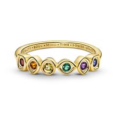 Harness the power of the Infinity Stones with this Marvel The Avengers Infinity Stones Ring. Perfectly balanced, as all things should be, Pandora's 14k gold-plated ring features six colorful man-made crystals, representing the most coveted objects in the universe. The inside of the band is engraved with each stone's corresponding power: space, reality, power, soul, mind, and time. Pair this ring with other battle-ready pieces from the Marvel x Pandora collection. Infinity Stones Ring, Avengers Infinity Stones, Pandora Marvel, Marvel Jewelry, Infinity Rings, Infinity Stones, Marvel Infinity, Pandora Rings, Rings Jewelry Fashion