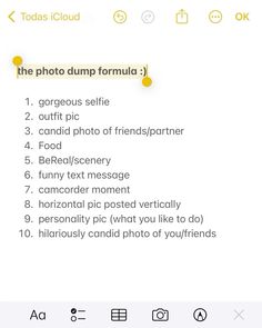 the photo dump formula is displayed on an iphone screen with other text and symbols below it